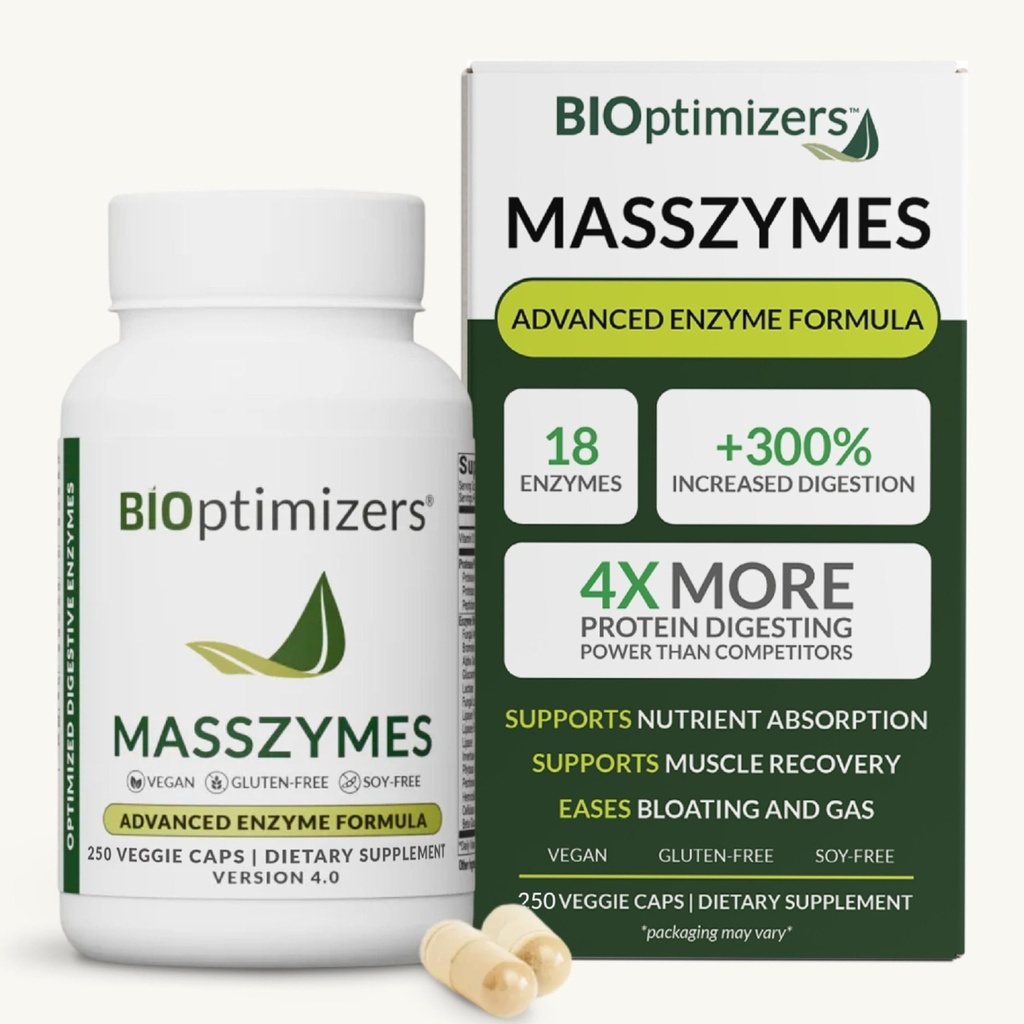 BiOptimizers MassZymes - Συμπληρωμένο συμπλήρωμα Digestive Enzymes για την υγεία των ορνίθων - Bloating Relief for Men and Women - Lipase Amylase Bromelain Digestive Enzymes (250 Κάψουλες)