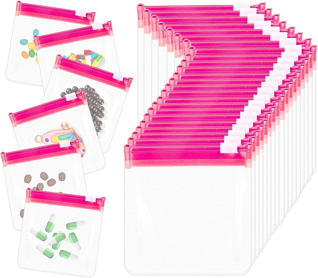 24 Pcs Travel Packets Χάπια τσαντών τσέπης επαναχρησιμοποιήσιμα Zippered Τσάντα ιατρικής που αυτοσφραγίζει Καθαρή Πλαστική Ιατρική Organizer με Slide τσάντες κλειδαριών για χάπια Μικρά αντικείμενα αποθήκευσης, ροζ