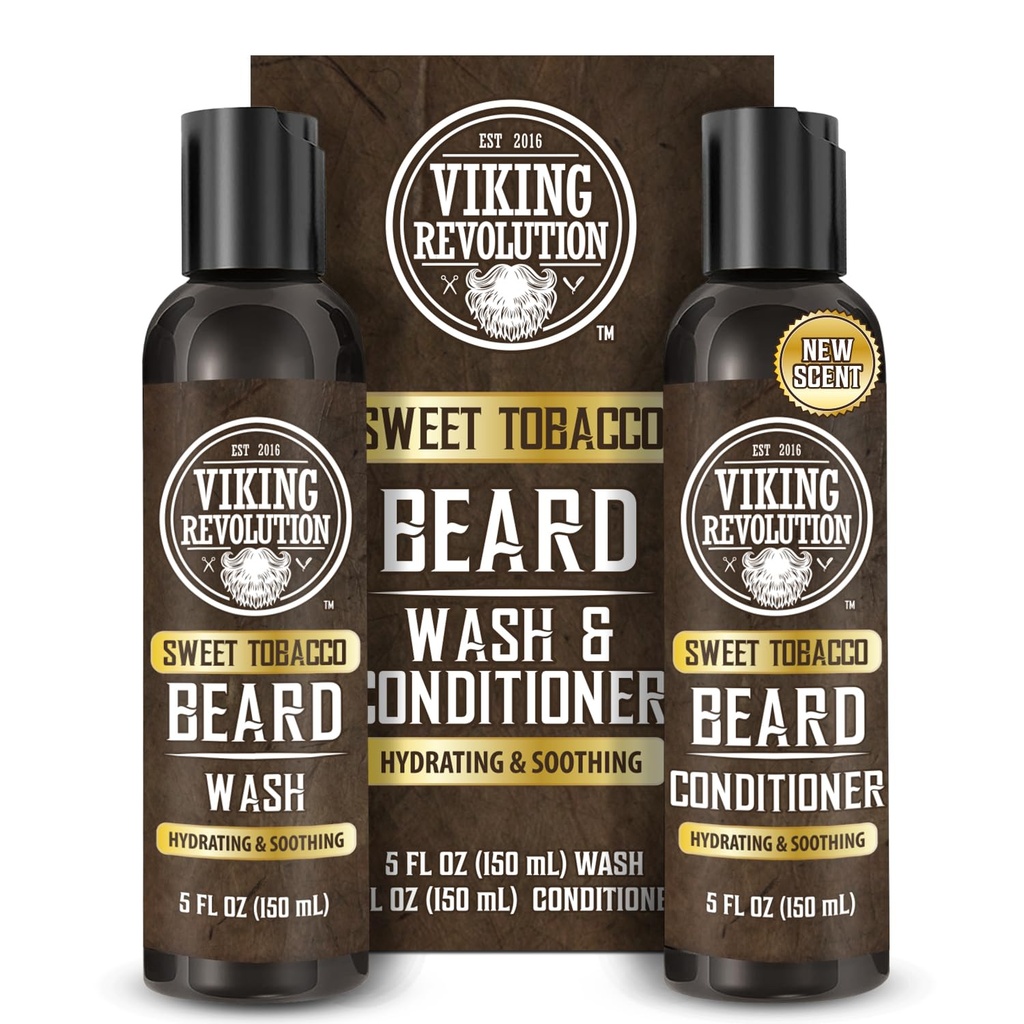 Viking Revolution Beard Wash and Beard Conditioner for Men with Argan Oil and Jojoba Oil - Beard Αποσκληρυντής και ενισχυτής Beard Care Σαμπουάν και Conditioner με Beard Oil (5oz, Sweet Tobacco)