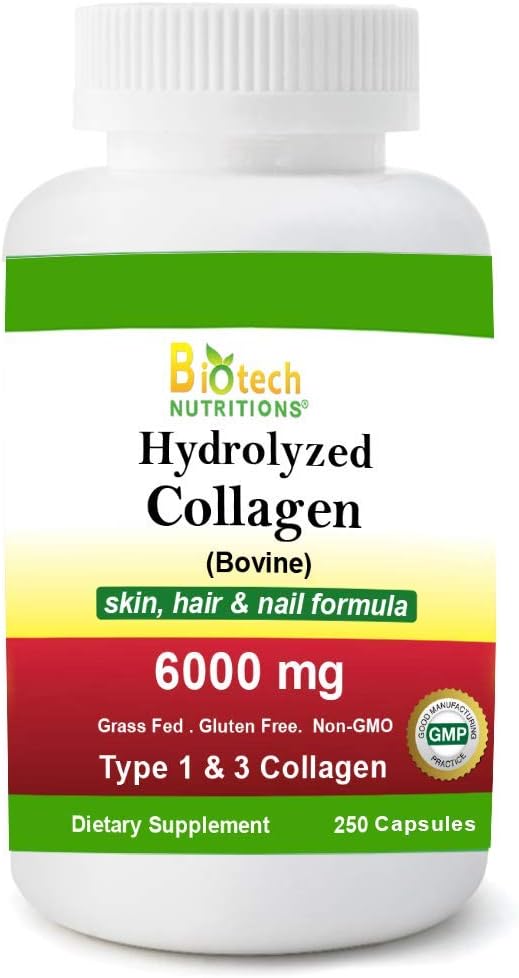 Hydrolyzed Collagen Bovine Type 1 & 3 6000 mg Serving 250 Tablets Grass Fed Gluten Free Non-GMO
