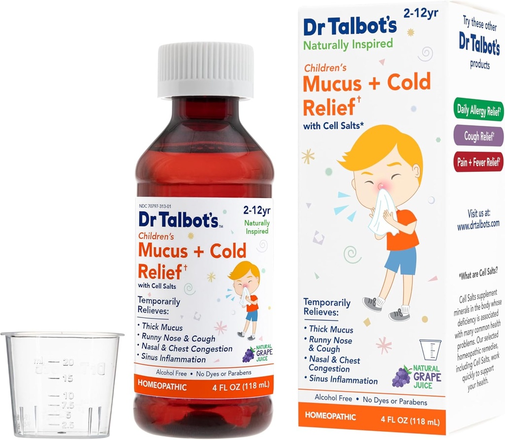 Dr. Talbot's Mucus + Ψυχρή Ανακούφιση Υγρής Ιατρικής, Φυσικά Εμπνευσμένη, για τα παιδιά, Περιλαμβάνει Κύπελλο Δοσολογίας, Φυσικός Χυμός Σταφυλιού Γεύση, 4 Fl Oz