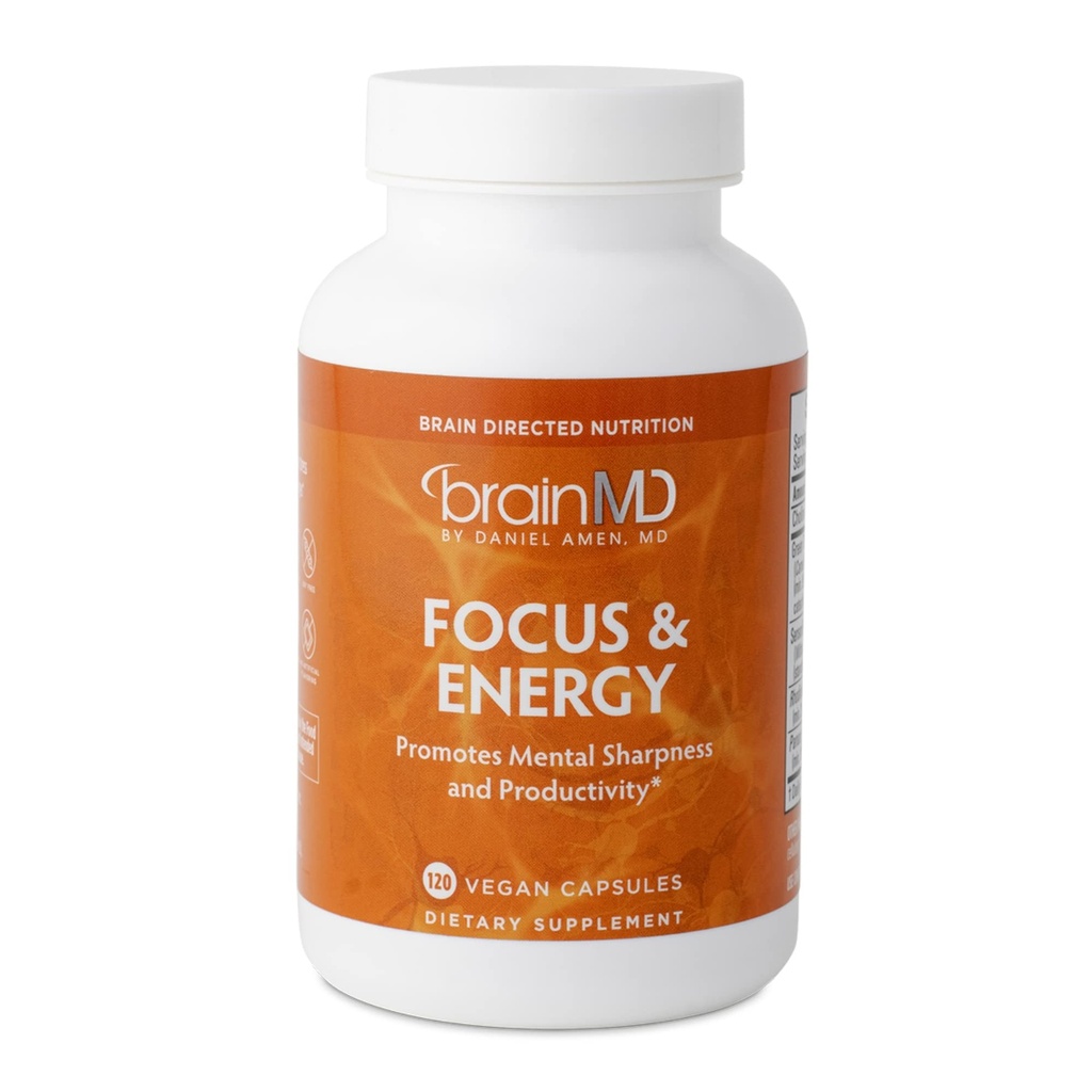 Dr Amen BrainMD Focus & Energy - 120 κάψουλες - Ενισχυτής ψυχικής αντοχής, προωθεί τη συγκέντρωση και την προσοχή - Χωρίς καφεΐνη, χωρίς γλουτένη - 30 εξυπηρετούν