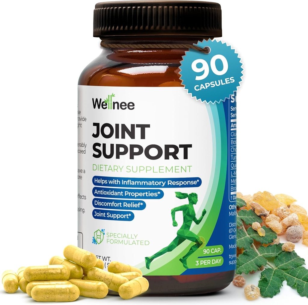 Wellnee Joint Support Supplement - Glucosamine Chondroitin MSM, Boswellia & Turmeric - Relieves Joint Discomfort & Supports Flexibility - Wellknee Joint Support - 90 Capsules, 30 Servings