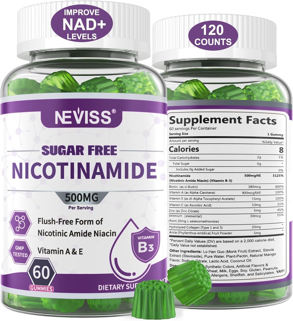 Χωρίς ζάχαρη Νικοτιναμίδιο 500mg Gummies, (Flush Free Niacin) Βιταμίνη Β3 Niacinamide συμπλήρωμα για κυτταροειδή ενέργεια Μεταβολισμός & επισκευή, ζωτικότητα, υγιή γήρανση, Cranberry Flavor, εύκολο να μασήσει, 120 Cts