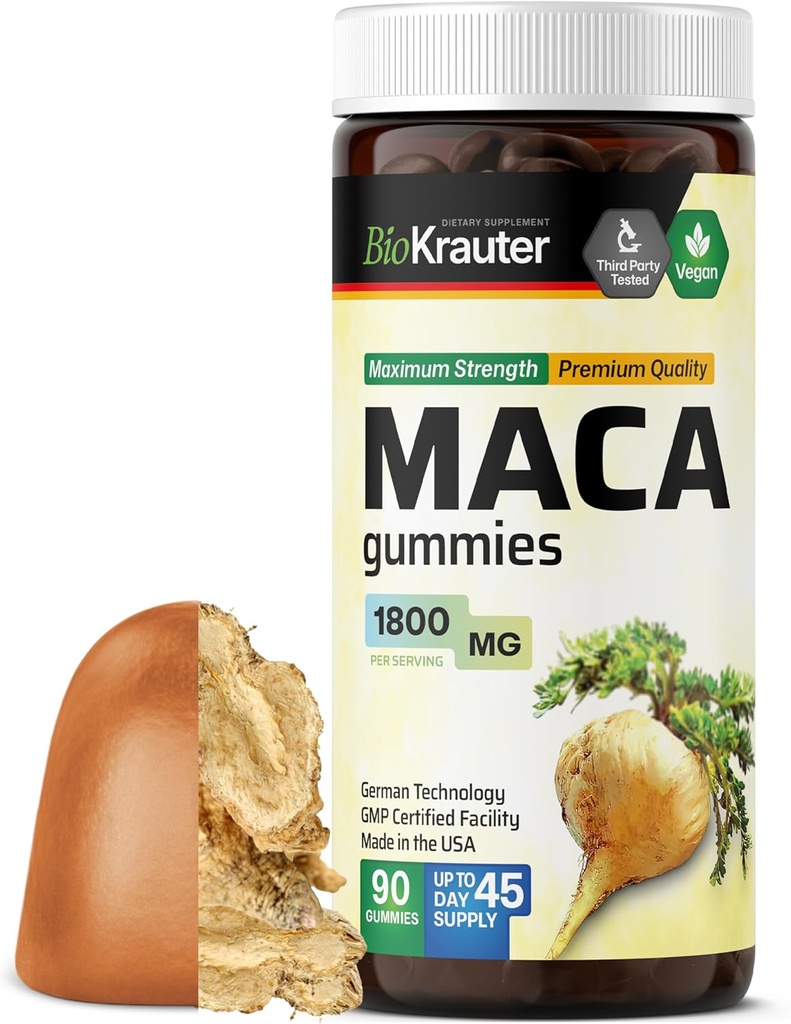 Maca Root Gummies - 1800 mg Δύναμη - 90 Vegan Chews - Φυσική υποστήριξη για γυναίκες και άνδρες - Περουβιανή Maca Root συμπλήρωμα - Μπανάνα άρωμα Chews
