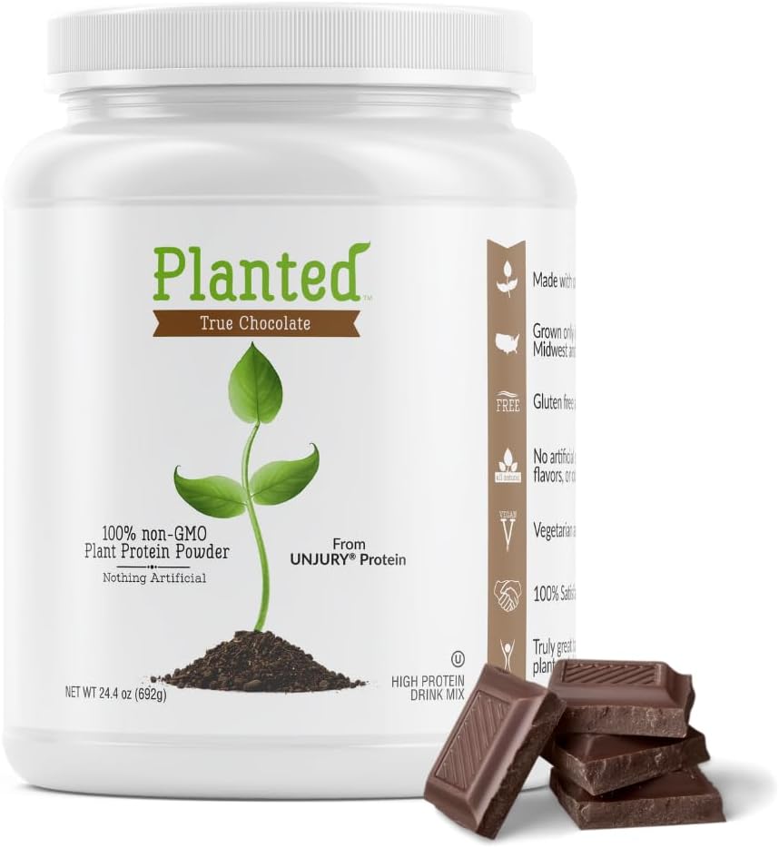 Unjury Planted Vegan Protein Powder | 20g Chocolate Pea Protein Powder | Low Sugar and Plant Based | Gluten and Dairy Free | Non-GMO | 20 Servings