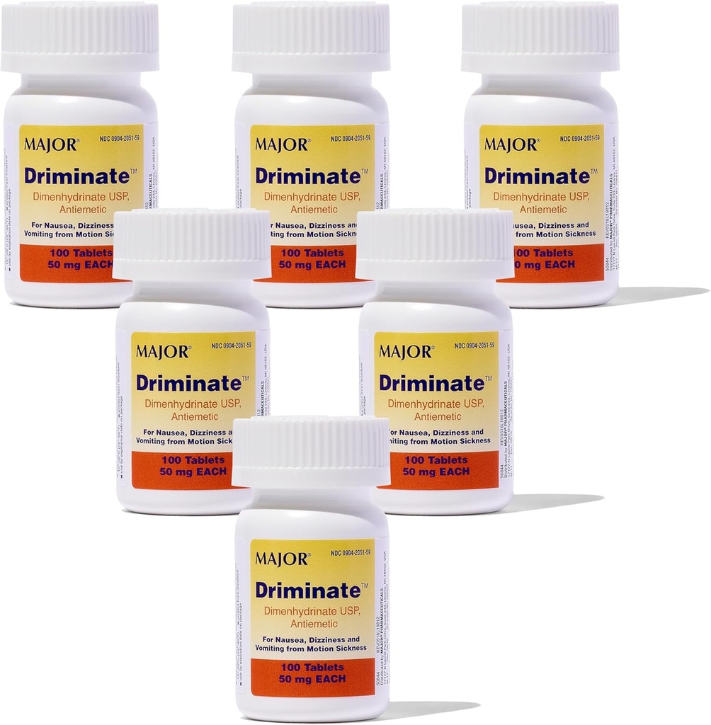 MAJOR Driminate - Dimenhydrinate 50mg Motion Sickness Tablets - Anti- Nausea Medicine - 100 Tablets (6 Pack)