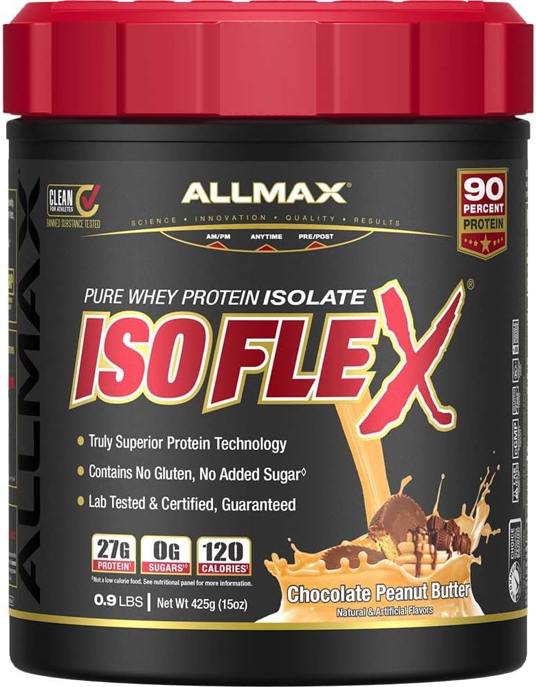 ALLMAX Διατροφή ISOFLEX Whey Protein Isolate, Σοκολάτα Φυστικοβούτυρο - 0.9 lb - 27 Grams Protein Per Scoop - Zero Fat & Sugar - 99% Χωρίς λακτόζη - Χωρίς γλουτένη & Χωρίς σόγια - Περίπου. 15 Υπηρεσίες