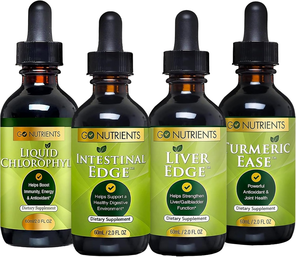 Go Nutrients Digestion & Detox Bundle – Υγρή χλωροφύλλη, Liver Edge, Εντερική άκρη, Turmeric Ease – Υποστηρίζει τον καθαρισμό, την πέψη, την υγεία του ήπατος, και την άμυνα του σώματος, Revitalize δέρμα & vitality