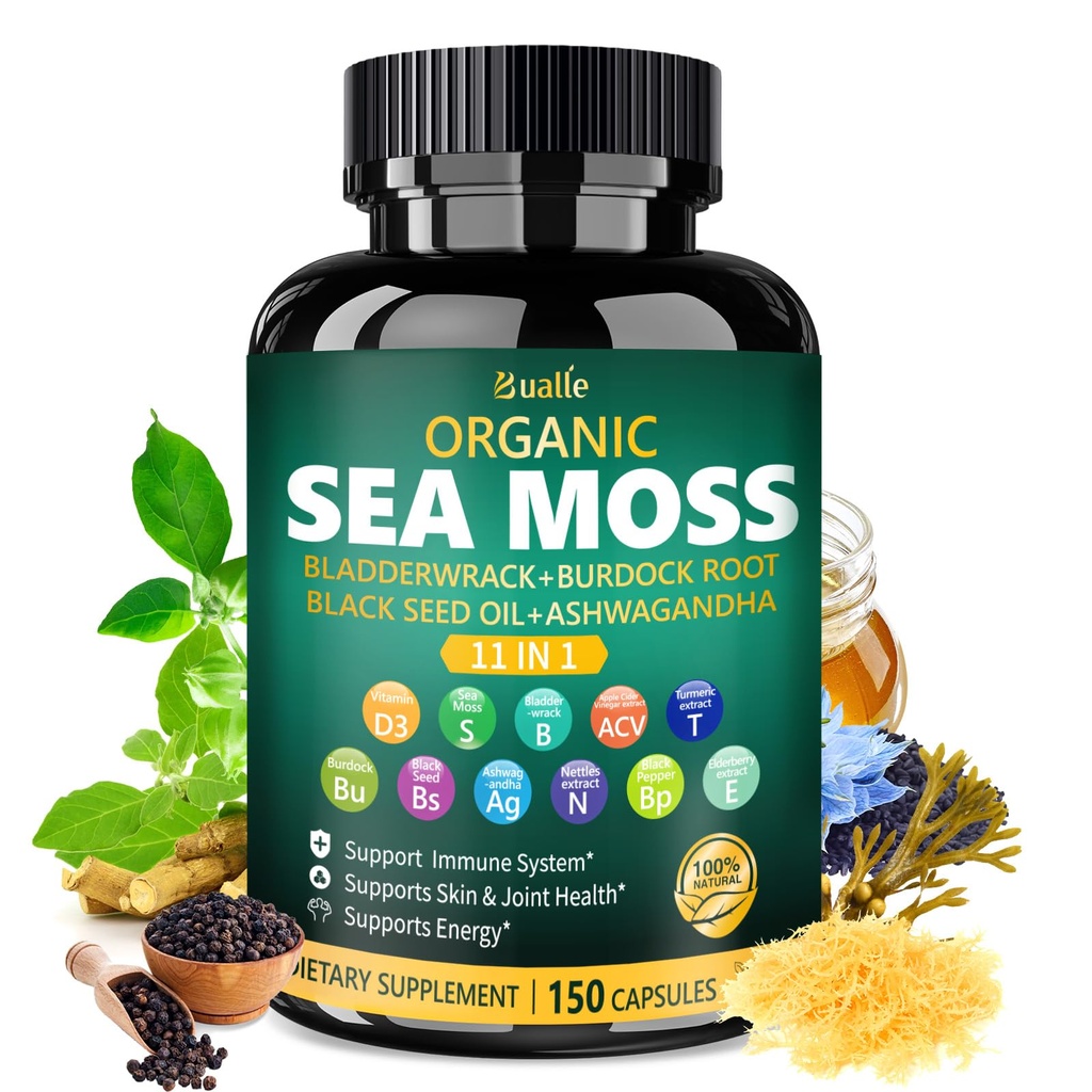Bualle Irish Sea Moss Κάψουλες – Βιολογικός Θαλάσσιος Μος, Μαύρο Έλαιο Σπέρματος, Ashwagandha Συμπληρώματα με Bladderwrack, Ginger & Burdock Root – Υποστηρίζει την καθημερινή ευεξία, δέρμα & ενέργεια – 150 κάψουλες (1 πακέτο)