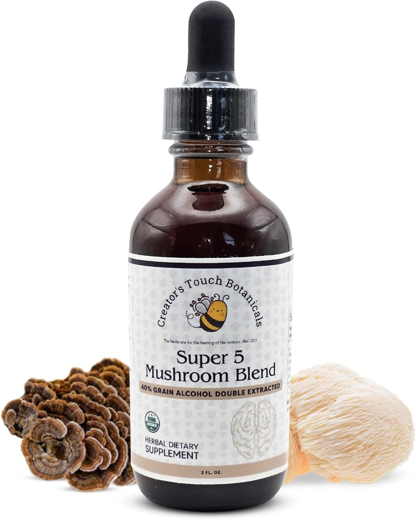 Botanicals του Δημιουργού Touch, Super 5, Mushroom, Blend 2 fl oz με Reishi, Turkey Tail, Lions Mane, Chaga και Μαϊτάκε Μανιτάρια για Ανοσολογική Υποστήριξη. Διπλή εξαγωγή, Macerated.