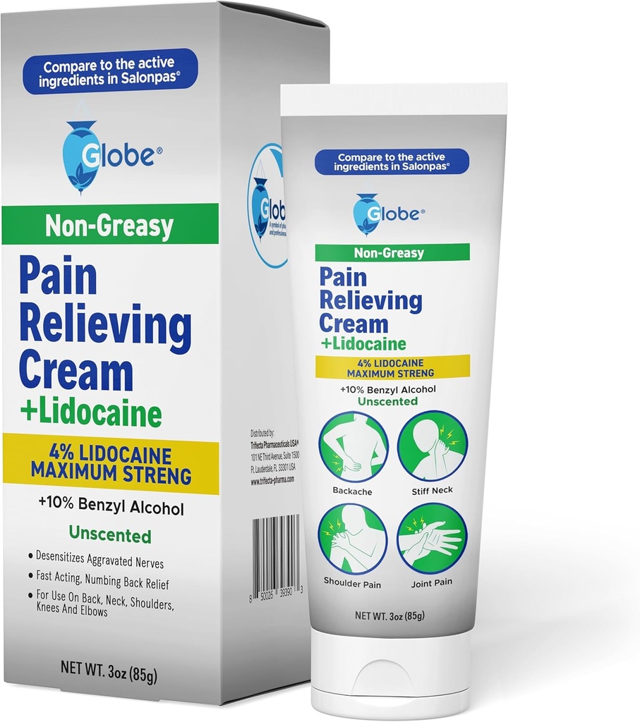 Globe Pain Relieving Cream Plus 4% Lidocaine, Maximum Strength Numbing Relief, Fast Acting Topical Therapy for Muscle Aches, Joint Pain, Backache, Neck Pain, Soreness, Sprains & Spasms, Unscented, 3oz