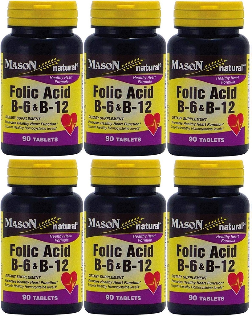 Mason Βιταμίνες Folic Acid B-6 & B12 Heart Health Formula 90 δισκία ανά συσκευασία φιάλης των 6 Σύνολο 540 δισκίων
