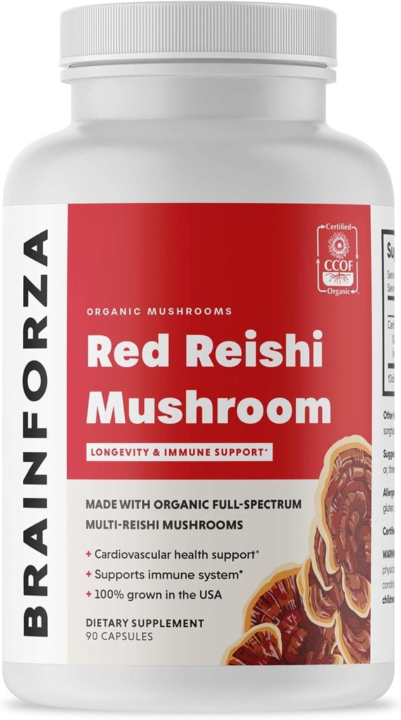 Μυοσκελετικές κάψουλες Reishi Organic Red, Adaptogenic Mushroom Powered ανοσοποιητική υποστήριξη, καρδιά και καρδιοαγγειακή υγεία, γενική ευεξία και ζωτικότητα, μη ΓΤΟ, Vegan, οργανικά, 90 κάψουλες