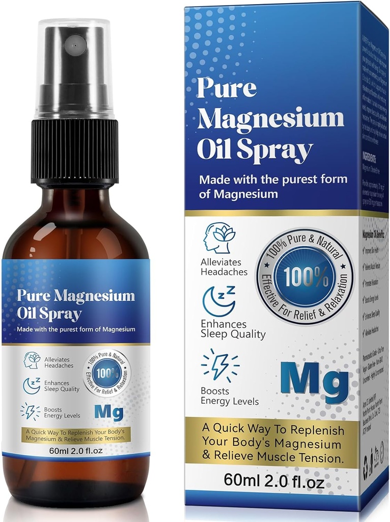 Pure Topical Magnesium Oil Spray, Μαγνήσιο Spray για τα πόδια, 100%, Γρήγορη απορρόφηση - Φυσική πηγή με ισχυρό μείγμα αιθέριων ελαίων, Replenish Σώμα- 2,02 fl oz