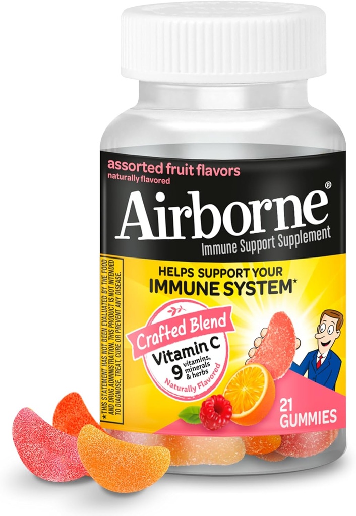Airborne 750mg Vitamin C Gummies For Adults, Immune Support Supplement with Powerful Antioxidants Vitamins A C & E - 21 Gummies, Assorted Fruit Flavor