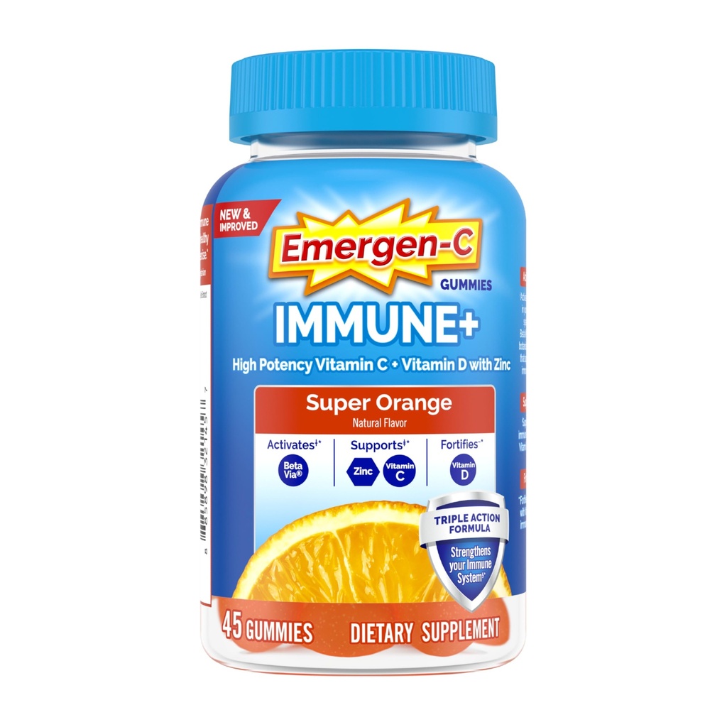 Emergen-C Ανοσοποιητικό+ Τρίκλινο Ανοσοποιητική Υποστήριξη Gummies, BetaVia (R), 1000mg Βιταμίνη C, Β Βιταμίνες, Βιταμίνη D και Αντιοξειδωτικά, Super Orange - 45 Count