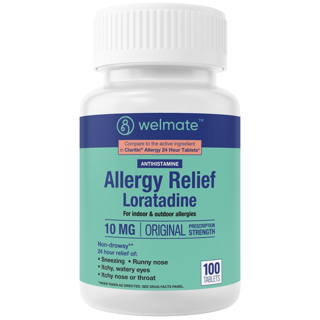 WELMATE - Αλλεργία Ανακούφιση - Loratadine 10 mg - 24 ώρες Ανακούφιση Αντιισταμινικό - Μη υπνηλία - Runny Μύτη - Φτάρνισμα - Ίτσι Μύτη & Λαρύγγι - Υδάτινα Μάτια - Εσωτερική & Εξωτερική Αλλεργία Φάρμακα - 100 κόμης