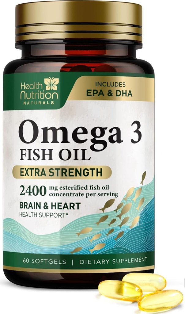 Ωμέγα 3 Fish Oil 2400 mg - Τρίκλινη δύναμη Ωμέγα-3 συμπληρώματα - Φυσική καρδιά του εγκεφάλου Υγεία & ανοσοποιητική υποστήριξη - Λιπαρά οξέα με EPA & DHA - Άγρια πιασμένο καθαρισμένο ιχθυέλαιο συμπλήρωμα - 60 Softgels