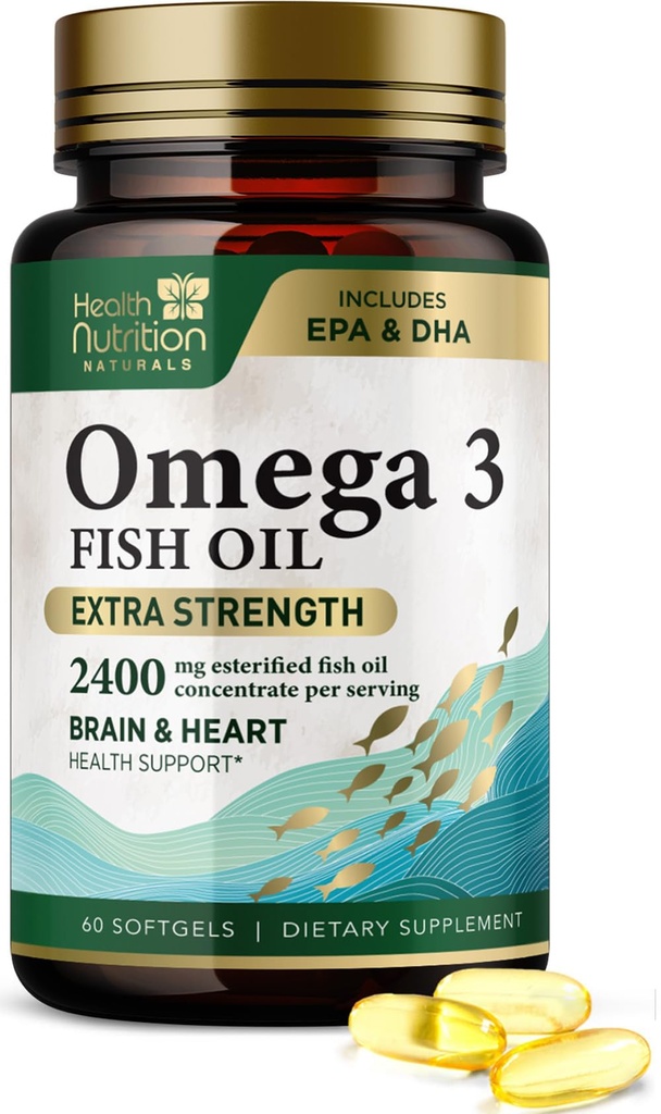 Ωμέγα 3 Fish Oil 2400 mg - Τρίκλινη δύναμη Ωμέγα-3 συμπληρώματα - Φυσική καρδιά του εγκεφάλου Υγεία & ανοσοποιητική υποστήριξη - Λιπαρά οξέα με EPA & DHA - Άγρια πιασμένο καθαρισμένο ιχθυέλαιο συμπλήρωμα - 60 Softgels