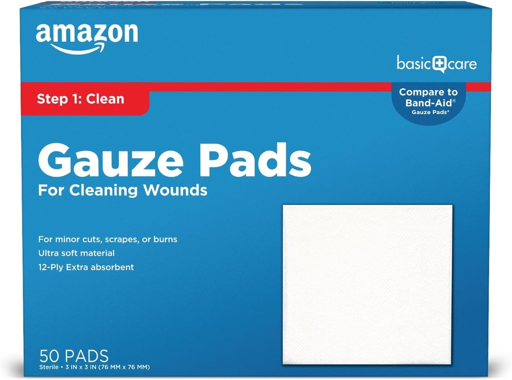 Basic Care Gauze Pads, 3x3 ίντσες Αποστειρωμένο Ιατρικό Τραύμα Dressing Sponges for Cleaning, Covering, & Cushioning Cuts & Minor Injuries, 50 Count (Pack of 1), (Πρώην Όλη η Υγεία)