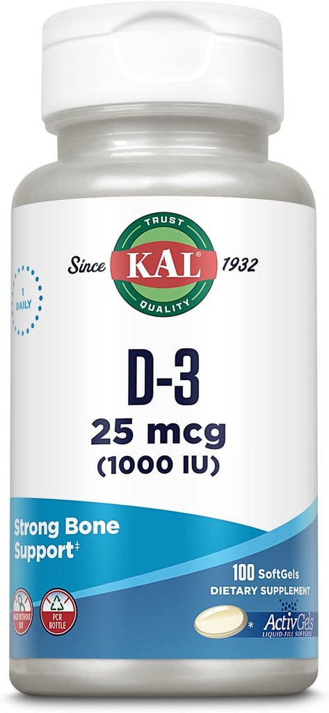 KAL Vitamin D3 1000 IU Softgels (25 mcg), Ενεργή μορφή βιταμίνης D, Απορρόφηση ασβεστίου, Υγεία των οστών, συμπλήρωμα υποστήριξης του ανοσοποιητικού, υγρό γεμάτο ActivGel, Made Without Soy, 100 Servings, 100 Softgels