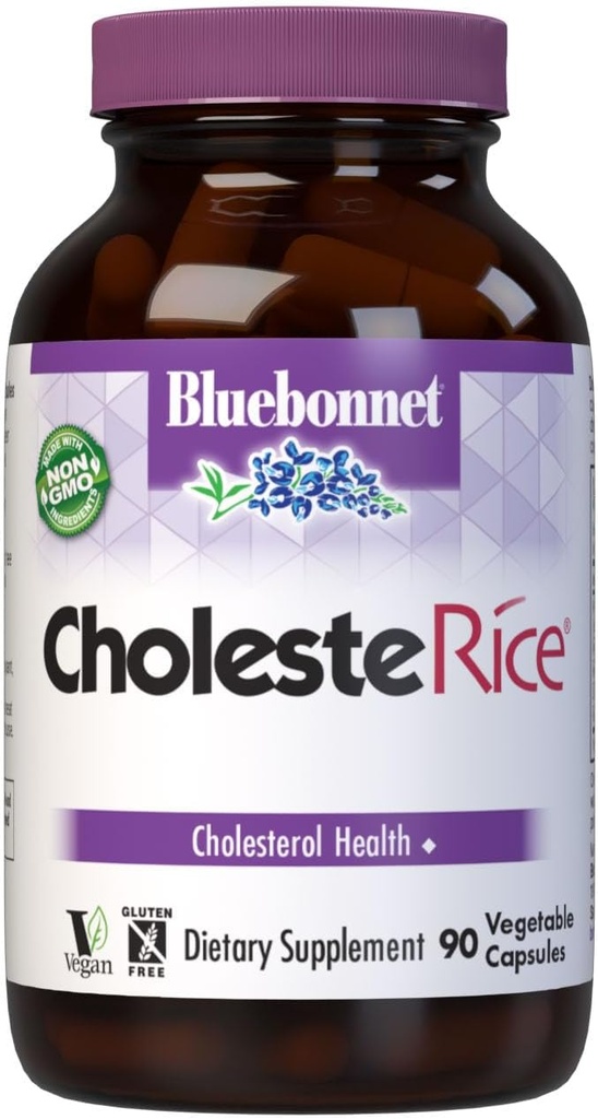 Bluebonnet Nutrition CholesteΚαπάκια λαχανικώνRice, Red Yeast Rice, Plant Sterols, Pantethine, CoQ10, Policosanol, Vegan, χορτοφάγοι, μη ΓΤΟ, Χωρίς γλουτένη, Χωρίς γάλα, SOY-FREE, 90 κάψουλες λαχανικών