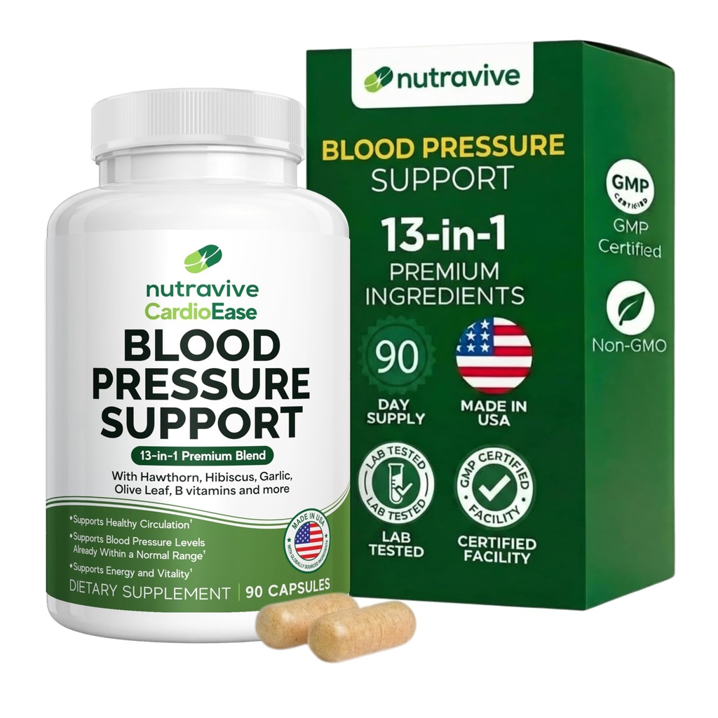 13-in-1 Heart Health Supplement – Supports Healthy Circulation & Blood Pressure Levels – with Hawthorn, Garlic, Olive Leaf, Hibiscus, B12, Juniper, Green Tea and More |GMP|90 Capsules|
