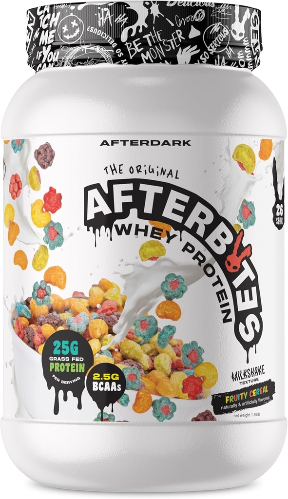 AFTERDARK AfterBites Whey Protein Powder, 25g Protein, 4.5g BCAA’s, Easy Dissolving, Χωρίς τεχνητά χρώματα ή πληρωτικά, Isolate Protein, USA Made, 26 Servings, Φρουτώδη δημητριακά