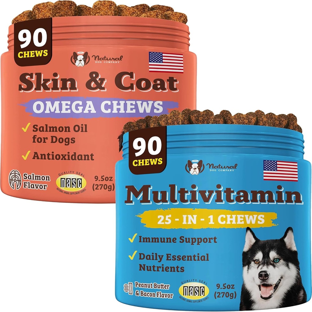 Natural Dog Company Multivitamin συμπλήρωμα μάσημα + δέρμα & παλτό συμπλήρωμα μάσημα για σκύλους - Πλήρης διατροφική φροντίδα για υγιές δέρμα, γυαλιστερό παλτό, κοινή υποστήριξη, και ανοσοποιητικό σύστημα Boost