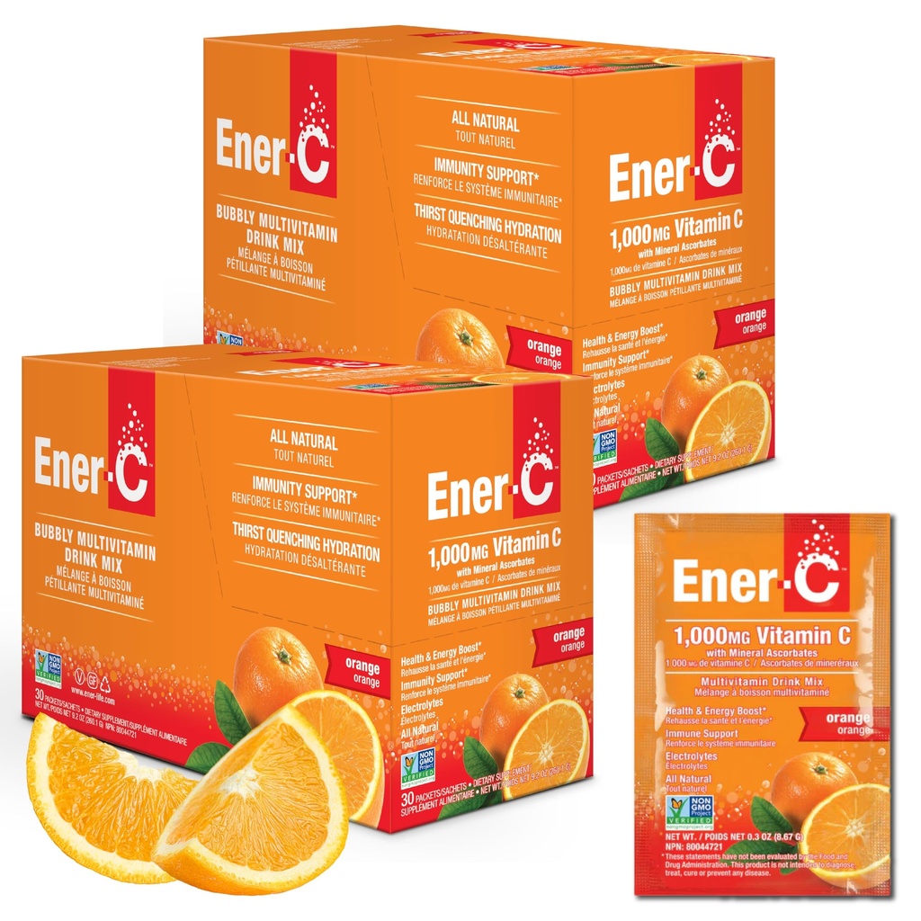 Ener-C - Βιταμίνη C Ανοσολογική Υποστήριξη, 1000mg Βιταμίνη C Αναβράζοντα Πολυβιταμινικό Ποτό Σκόνη, Χυμός Φρούτων Βιταμίνη C Ποτό Μίγμα για Ενυδάτωση με Ηλεκτρολύτες, Πορτοκαλί, 60 Πακέτα (2-Pack)