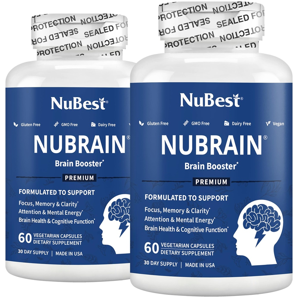 NuBrain Booster - Συμπλήρωμα εγκεφάλου για Booster εγκεφάλου, Μνήμη, Εστίαση & Καθαρότητα Υποστήριξη με St. John’s Wort, Ginkgo Biloba, Bakopa & More Pack 2