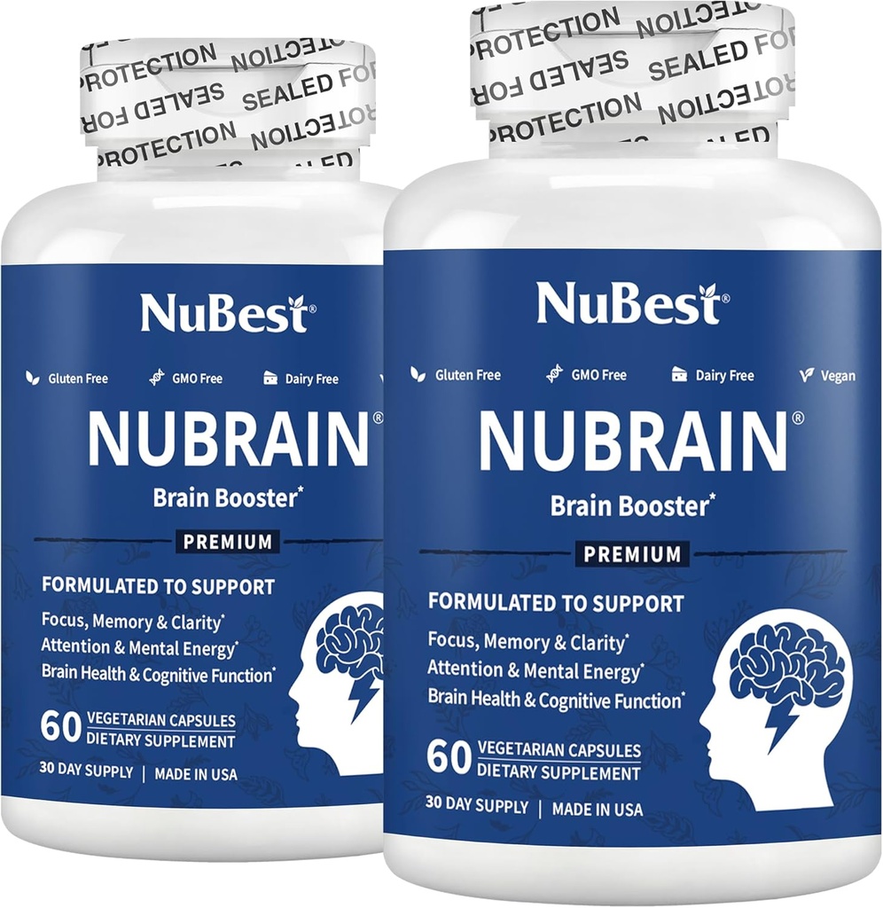 NuBrain Booster - Συμπλήρωμα εγκεφάλου για Booster εγκεφάλου, Μνήμη, Εστίαση & Καθαρότητα Υποστήριξη με St. John’s Wort, Ginkgo Biloba, Bakopa & More Pack 2