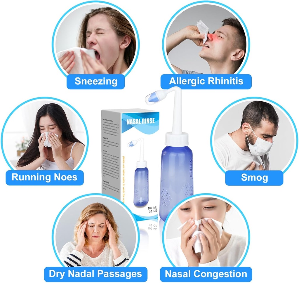 300 ML Nasal Rinse Neti Pot Sinus Ξεπλένουμε το μπουκάλι Απαλό Ρινική Πλύση Μπουκάλι Καθαρότερο για Ενηλίκους & Παιδιά Αποτελεσματική Πίεση Irrigatio με 20 Ρινικά Σακίδια Αλάτι BPA Δωρεάν