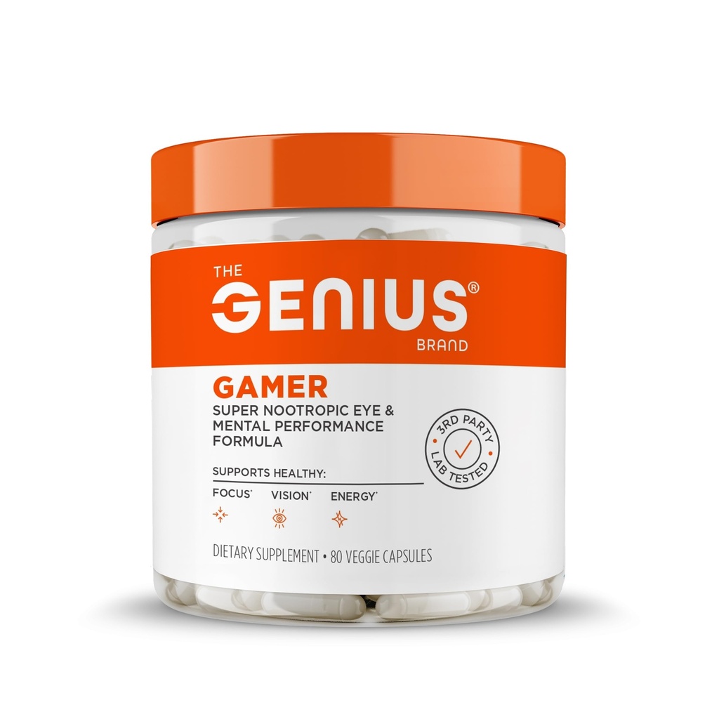 Genius Gamer, Gaming Focus Supplement, 80 Pills - Elite Nootropic Performance Booster - Boost Brain & Mental Clarity, Reaction Time & Concentration - Blue Light Support with Lutemax