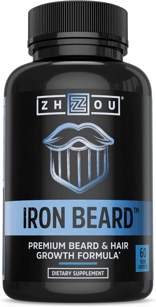 Zhou Iron Beard - Beard Growth Vitamins Άνδρες, Premium Biotin, Saw Palmetto & Β χάπια βιταμίνης για την υποστήριξη των μαλλιών προσώπου, γενειάδα συμπλήρωμα φροντίδας για το πλήρες μούσι - 60 κάψουλες λαχανικά
