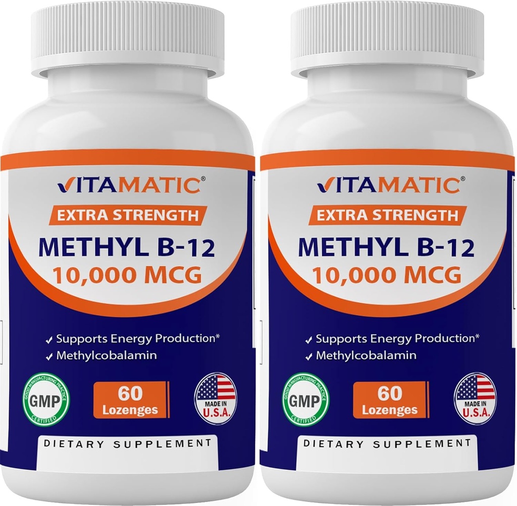 Vitamatic Methyl Vitamin B12 (Methylcobalamin) 10,000 mcg (10mg) 60 Lozenges - Superior Source of Vitamin B12 (2 Pack)