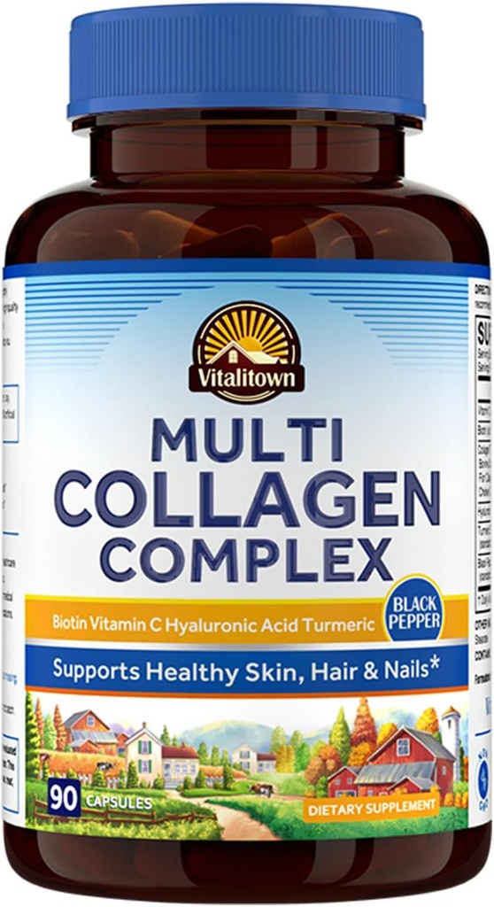 Vitalitown Multi Collagen Complex, Type I, II, III with Biotin, Vitamin C, Hyaluronic Acid, Turmeric, Black Pepper for Skin, Hair, Nails, 90 Κάψουλες, Non-GMO