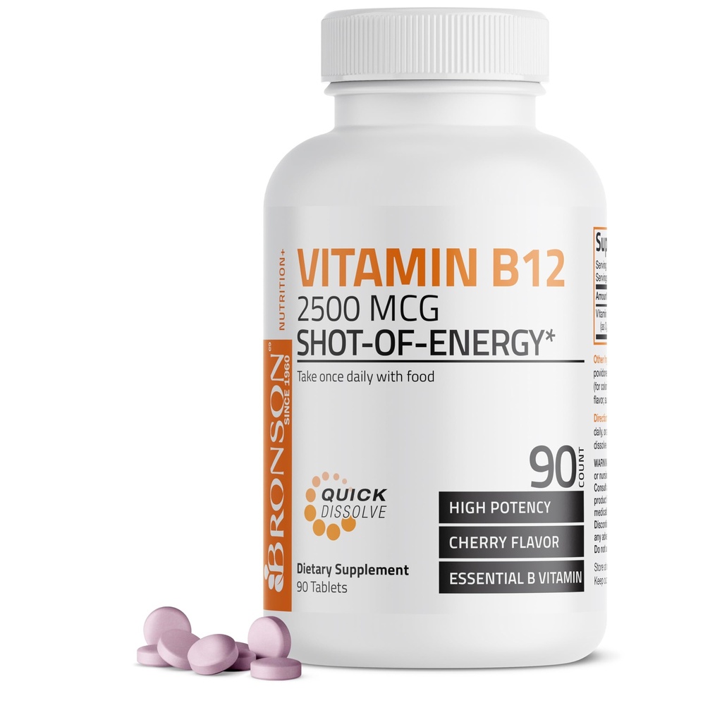 Βιταμίνη B12 2500mcg Shot Of Energy Fast Dissolve Chewable Tables - Γρήγορη απελευθέρωση Cherry Γεύση Υπογλώσσια βιταμίνη B12 - Υποστηρίζει το νευρικό σύστημα, Υγιεινή λειτουργία του εγκεφάλου Παραγωγή ενέργειας – 90 κόμης