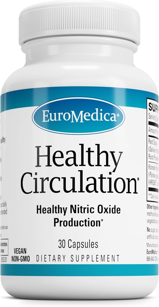EuroMedica Healthy Circulation - Συμπλήρωμα διατροφής για την υποστήριξη της υγιεινής κυκλοφορίας - Healthy Blood Flow & Heart Function Aid - Μη ΓΤΟ & κάψουλες Vegan - 30 κάψουλες (30 υπηρεσίες)
