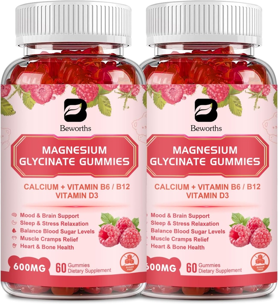 (2 Συσκευασία) 600 Mg Γλυκινικό μαγνήσιο Gummies, Συμπλέγματος μαγνησίου Μηλεϊκό μαγνήσιο, Μαγνήσιο Κιτρικό & Κάλιο, Υποστήριξη Νύχτα & Κοινή, Ενέργεια Boost, Vegan & 0-Σούγκαρ, Βατόμουρο 120 Count