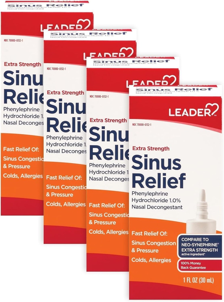 Leader Extra Strength Sinus Relief, Fast Active, Sinus Αποσυμφορητικό, Ρινική Συμφόρηση Relief Spray, Ψυχρό & Αλλεργία Μπουκάλι 30 mL (Pack of 4)