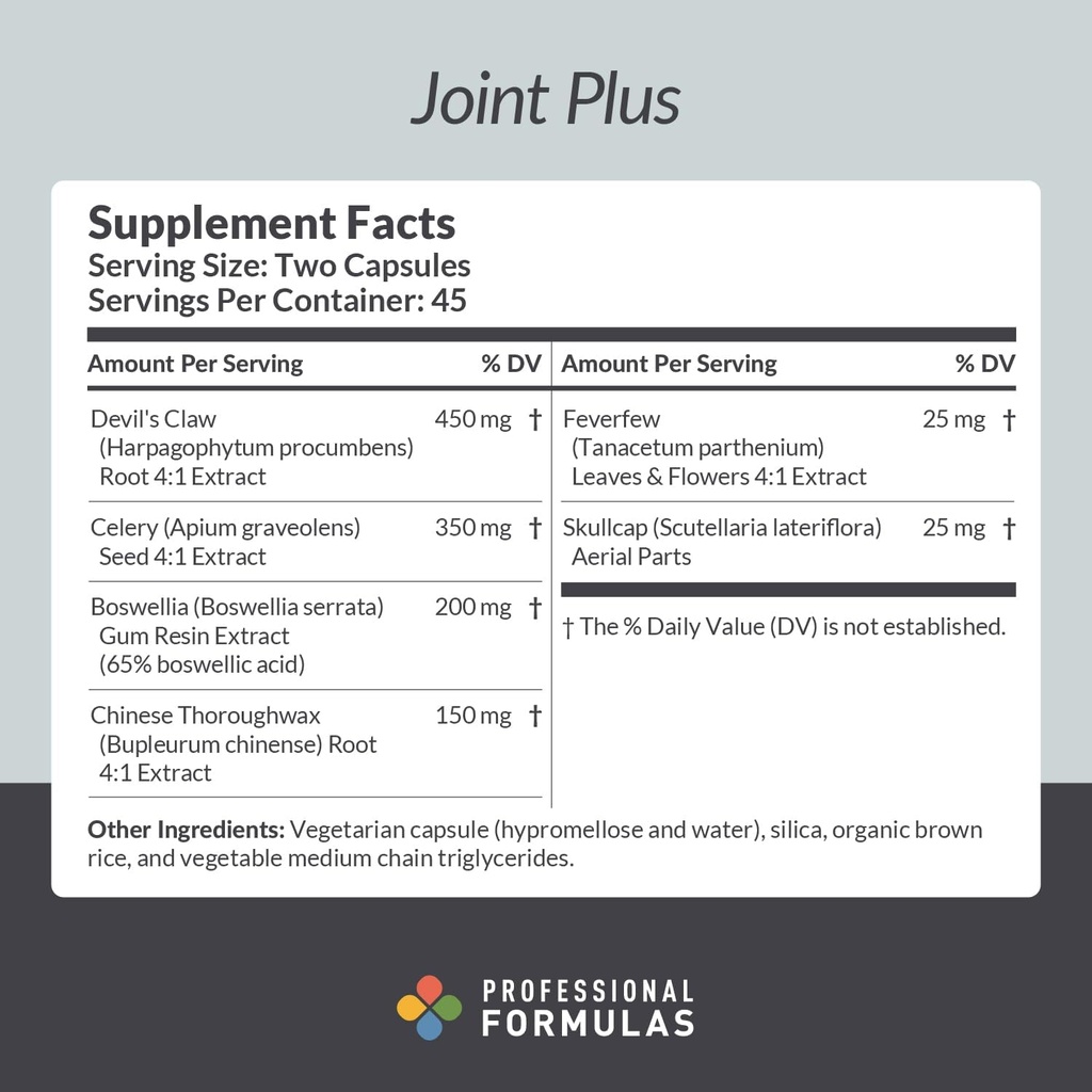Professional Formulas Joint Plus – Support for Healthy Joint Function, Muscles, and Mobility with Devil's Claw, Boswellia, Feverfew & Skullcap - Vegetarian, Gluten Free, Hypoallergenic, 90 Capsules