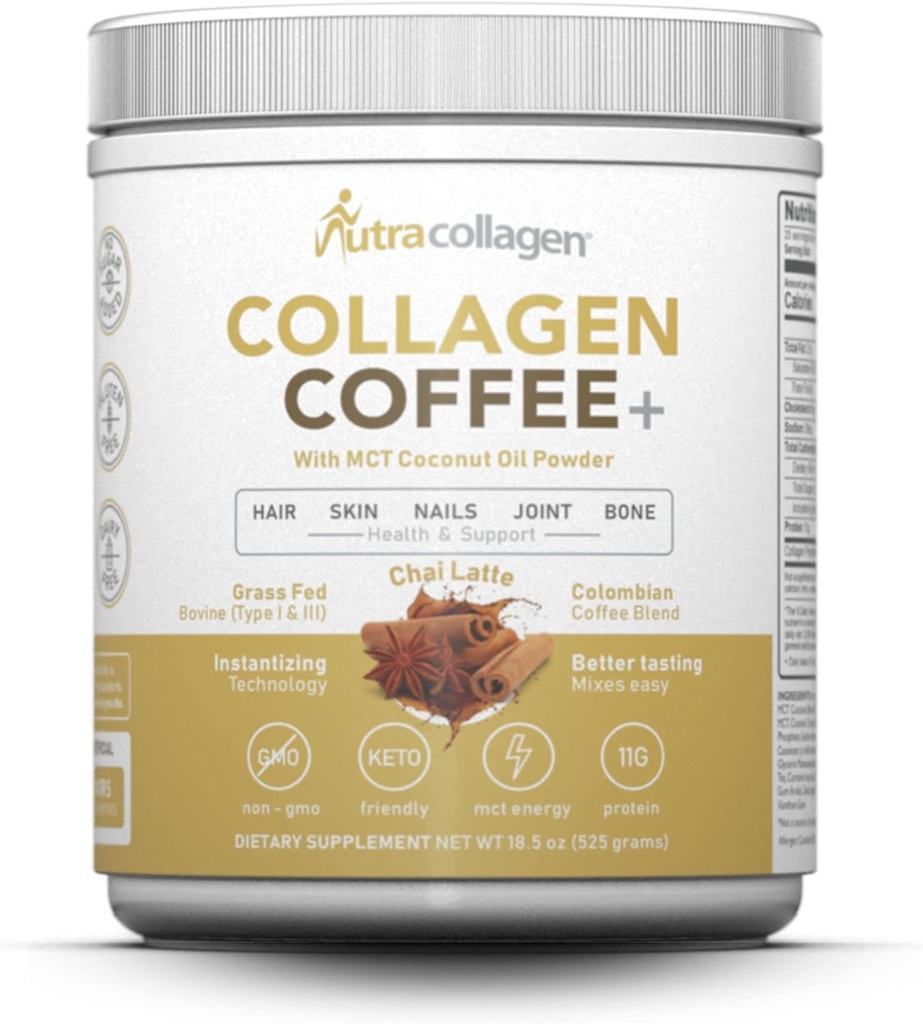 NUTRACOLLAGEN Protein Powder σε συνδυασμό με τον καφέ Premium Columbian; Grass-Fed, Non GMO, 12g Peptides, MCT Coconut Oil Powder, Χωρίς σόγια, Χωρίς γλουτένη, Χωρίς ζάχαρη, 40mg Caff/Srving; Chai Latte 25 Srvg