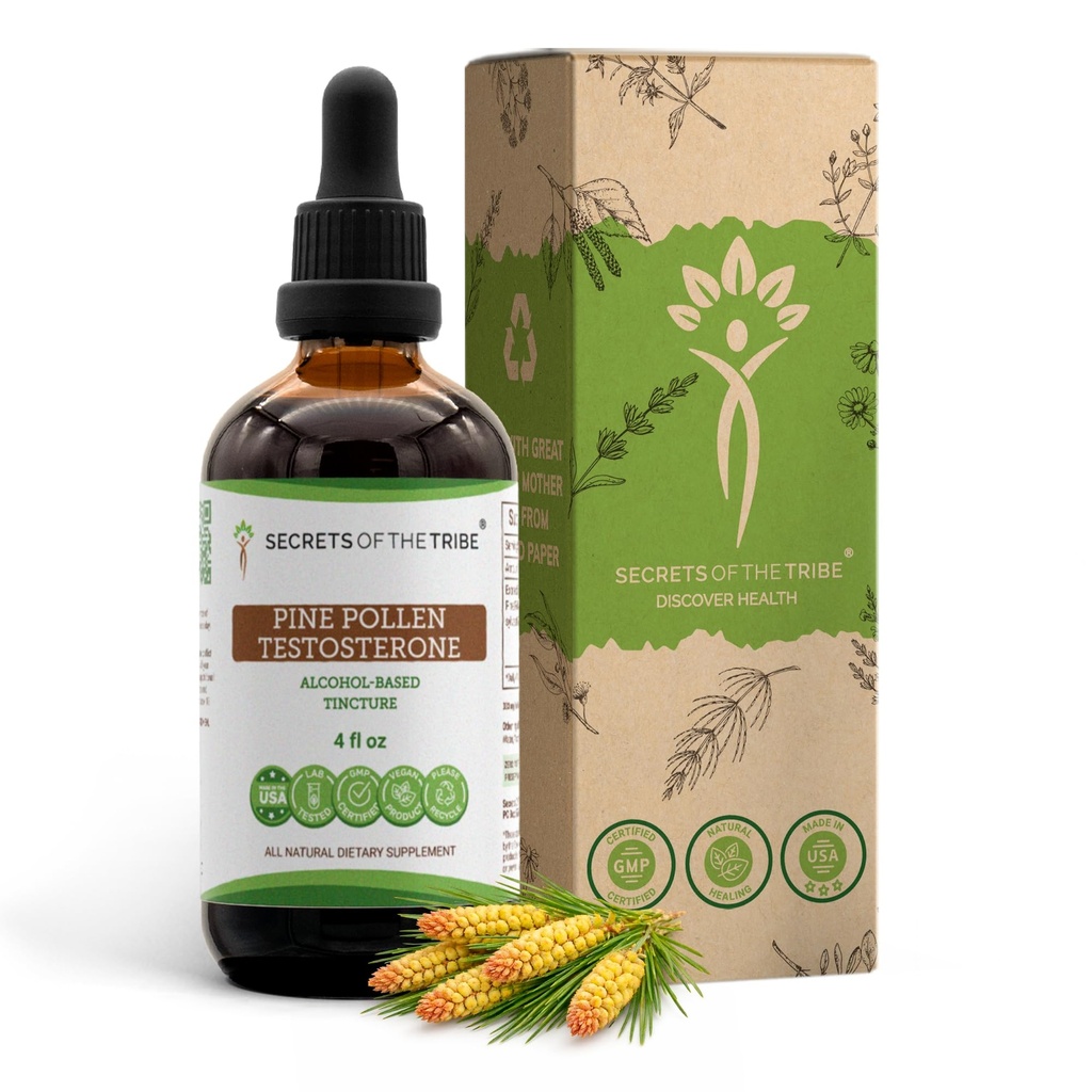 Secrets of the Tribe Pine Pollen Testosterone Alcohol Liquid Extract, Wildcrafted Pine Pollen (Scots Pine, Pinus sylvestris) Dried Pollen (4 FL OZ)
