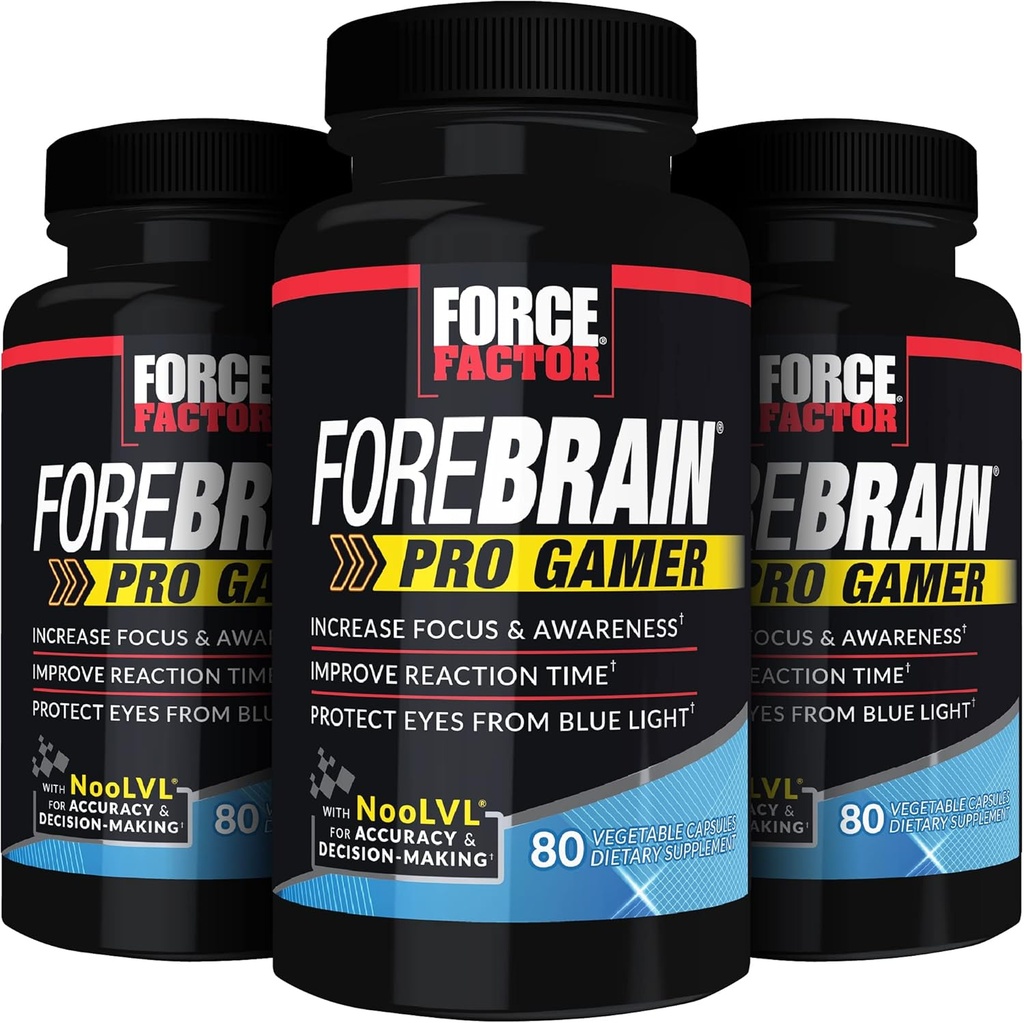 FORCE FACTOR Forebrain Pro Gamer Brain Booster, Gamer Supps για την αύξηση της εστίασης & ευαισθητοποίησης, Blue Light, συμπλήρωμα παιχνιδιών, Nootropic, 240 κάψουλες, 3-πακέτο, μαύρο