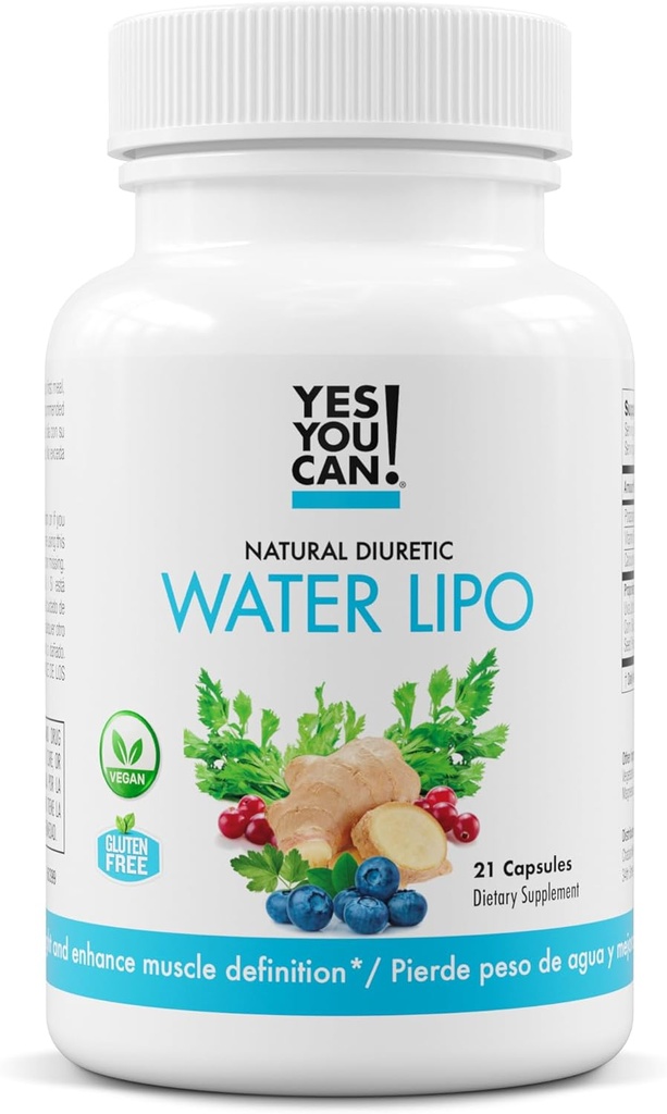 Ναι Μπορείς! Φυσικό νερό χάπια Lipo - Diuretic Καθαρίστε με ηλεκτρολύτες & βιταμίνες - Βοηθά με τη διατήρηση νερού - Χωρίς γλουτένη, 21 κάψουλες ανά φιάλη