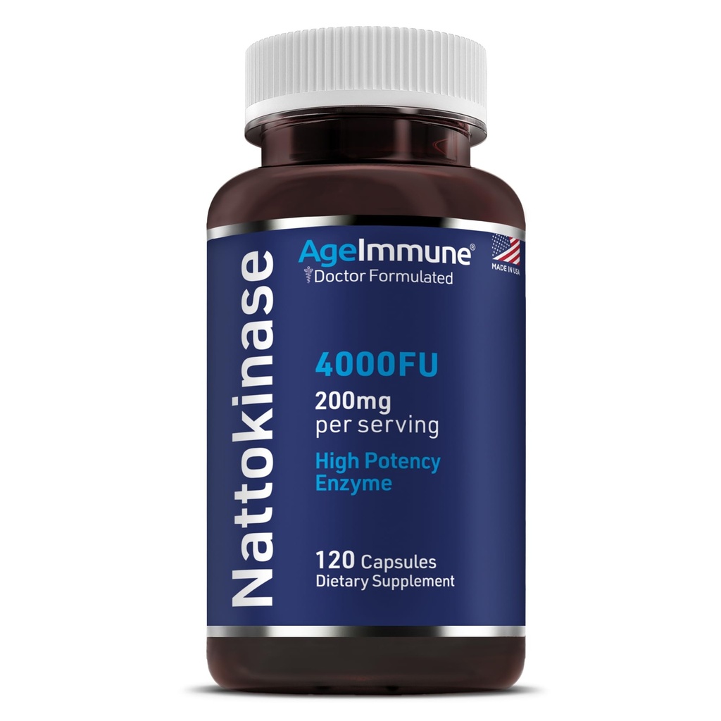 AgeImmune Nattokinase Supplement 4000 FU 200mg - Ένζυμο - Καρδιαγγειακή Υποστήριξη 120 Κάψουλες -Derved from Japanese Natto - Made in The USA Without Magnesium Stearate.