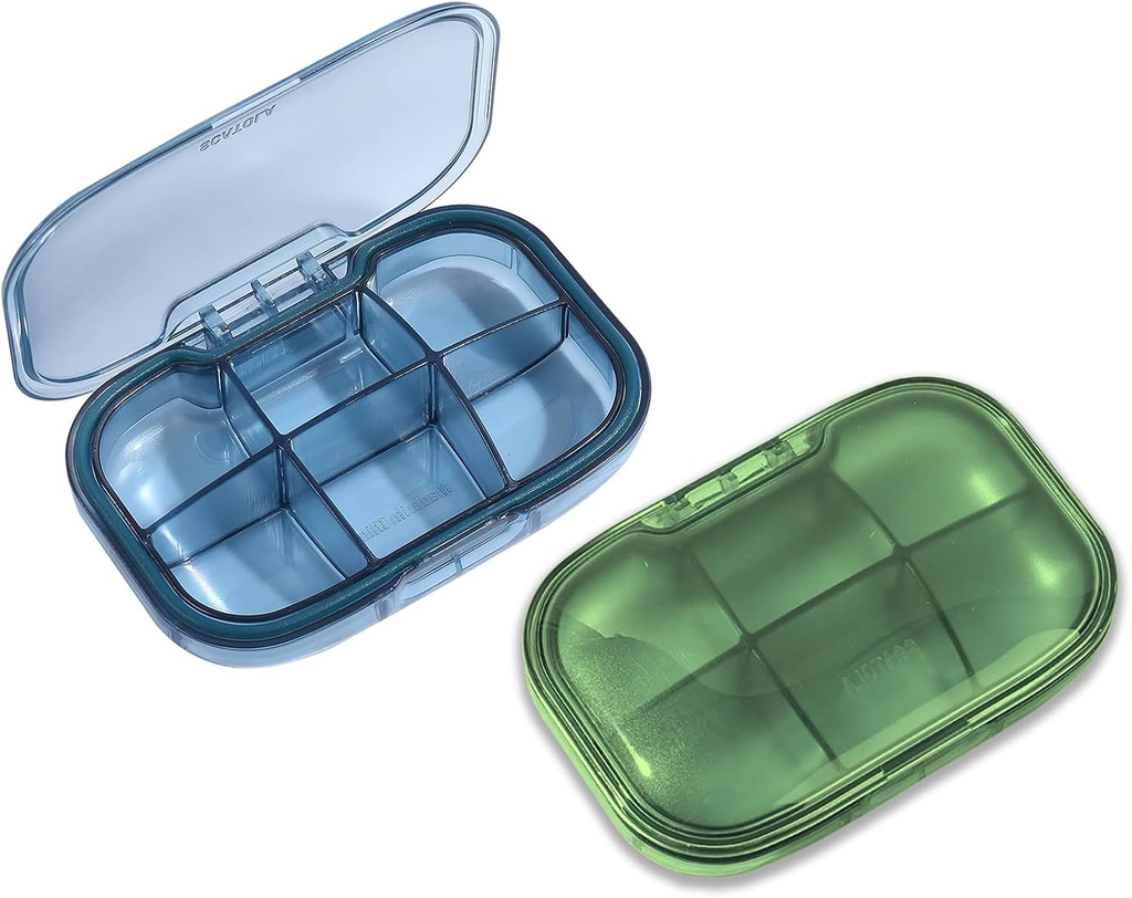 2 Pack 6 Compartment Pill Organizer, Θήκη Απόδειξης Υγρασίας για Ταξίδια, Καθημερινή Φορητή Ιατρική Βιταμίνη Δοχείο, ιχθυέλαιο και Αποθήκευση Συμπλήρωμα (μπλε & πράσινο)