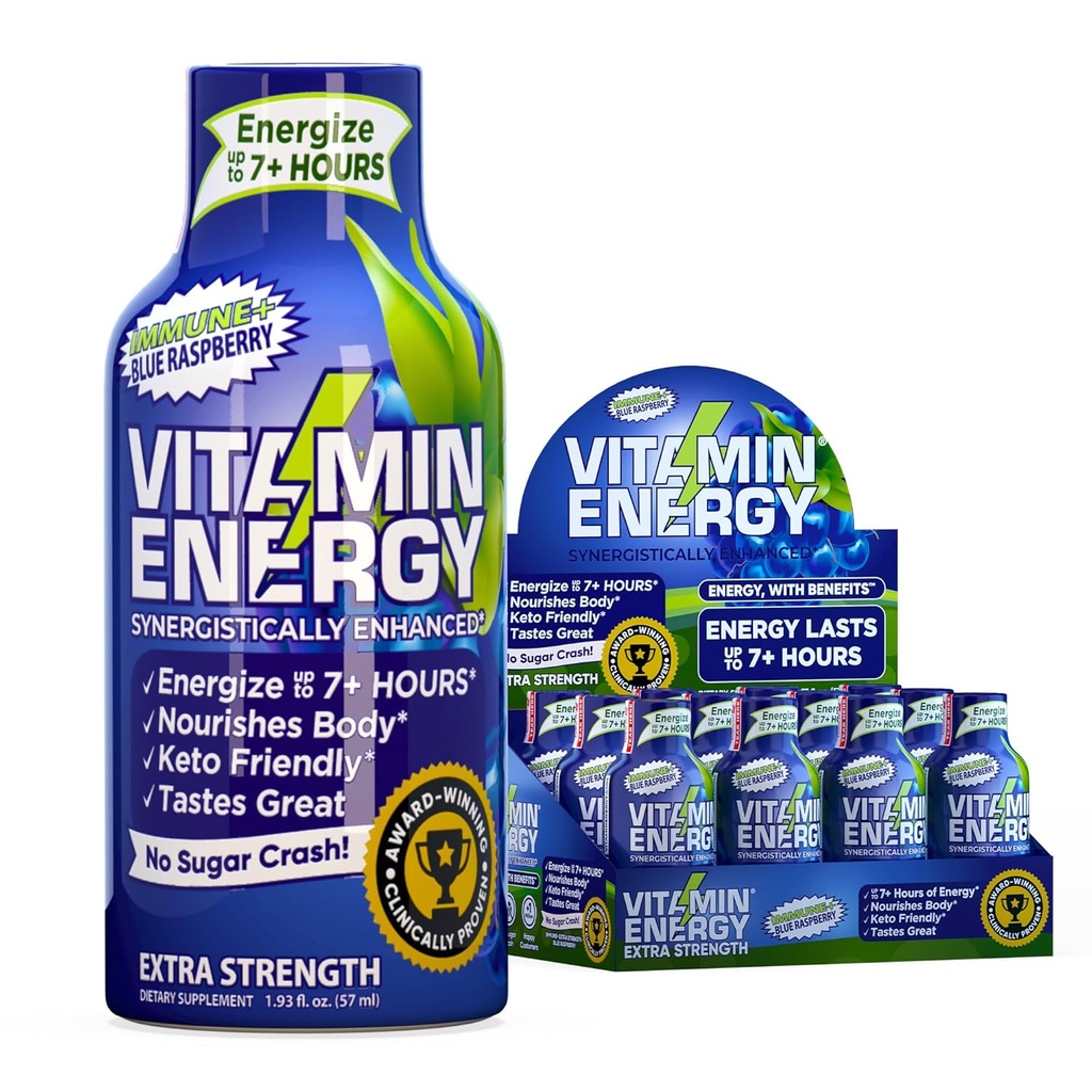 Vitamin Energy Immune+ Extra Strength Energy Shot Blue Raspberry 12 Pack, 260mg Natural Caffeine, B-Vitamins, Citicoline, Green Tea, Immunity & Focus Support, Zero Sugar, Gluten-Free 1.93 fl oz